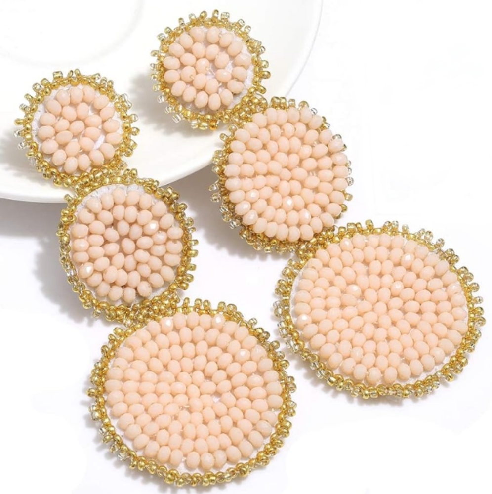 Petal Pink Champagne Beaded Triple Tier Earrings Bohemian Festival Statement New